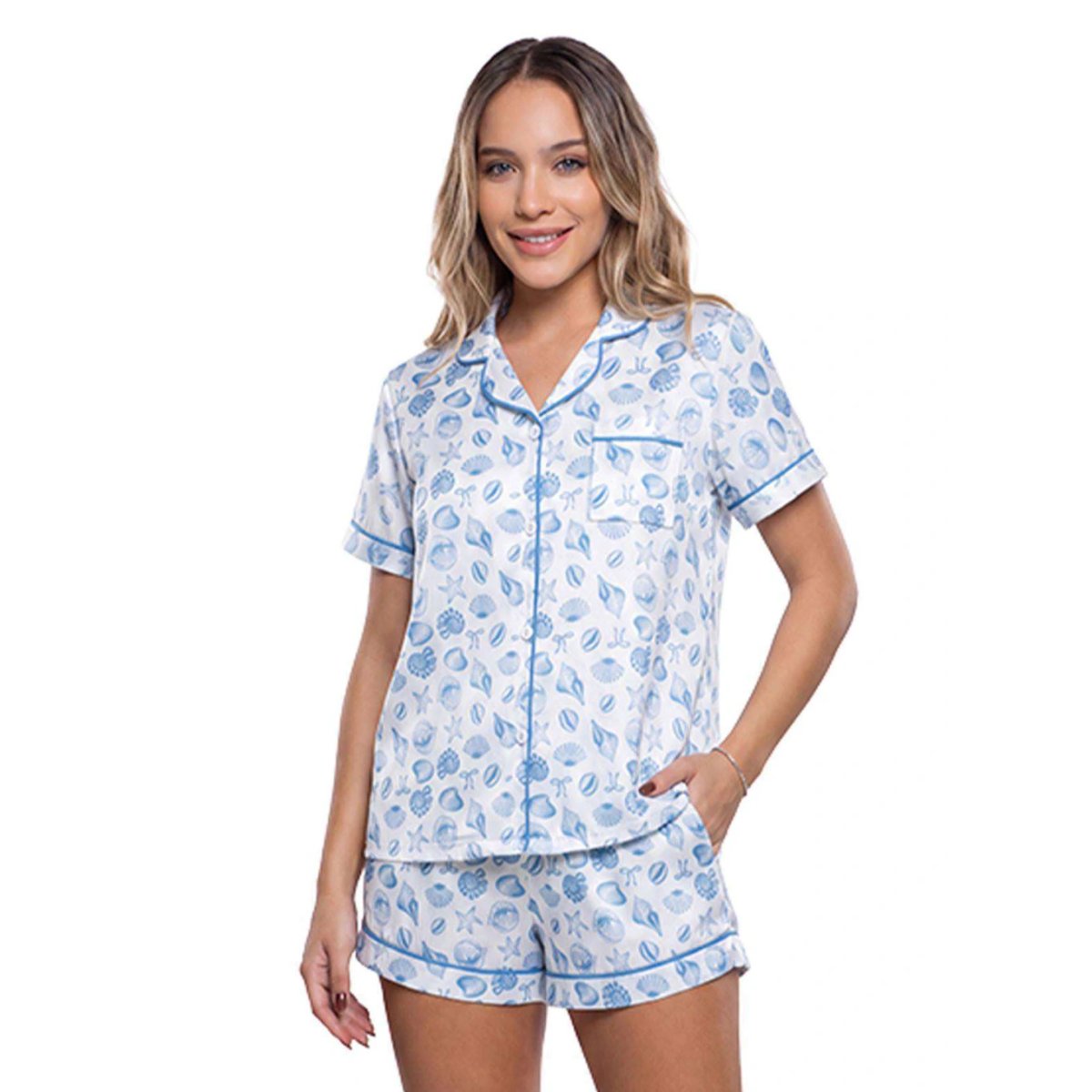 Pijama Camisero Estampado Manga Corta Y Short Blanco Cocot 7480