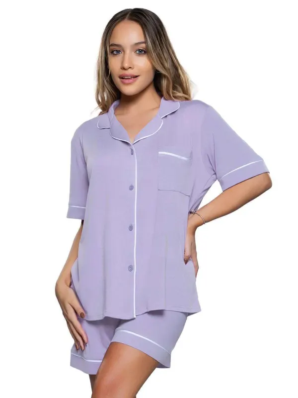 Pijama Camisero Liso Manga Corta Y Short Negro o Lila 26 Cocot 7481